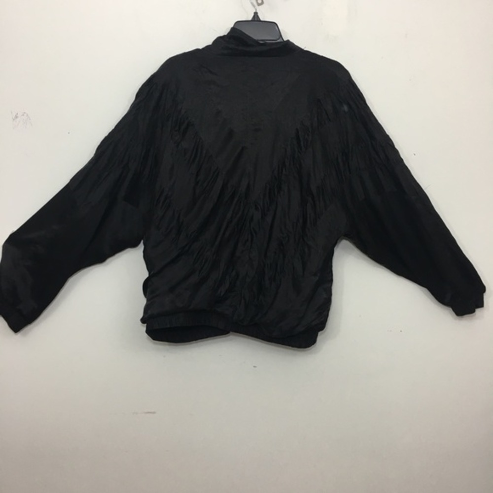 Vtg 80s Black Gathered Silk Windbreaker Jacket 1X - Picture 2 of 7